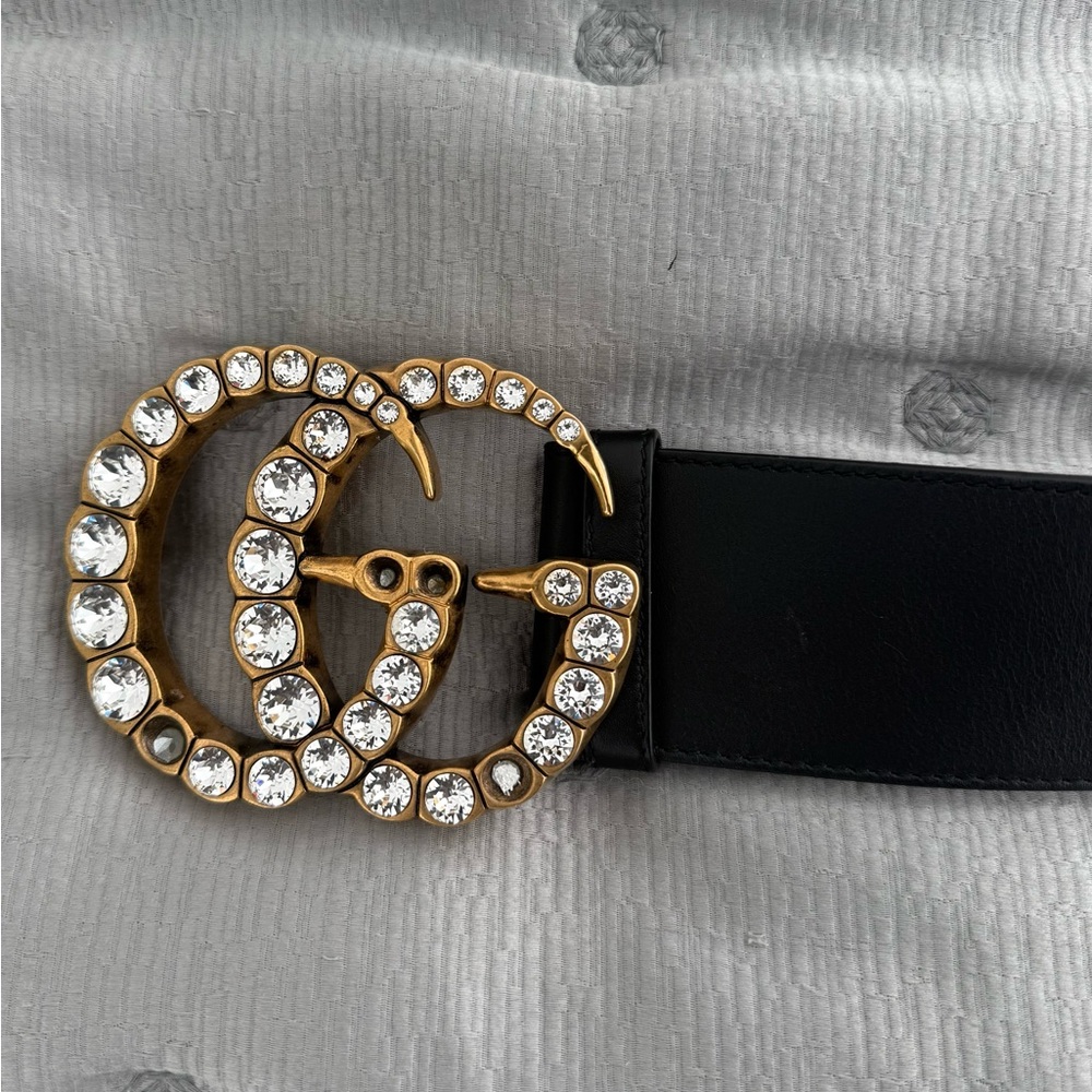 Crystal Double-G Buckle Leather Belt - Black